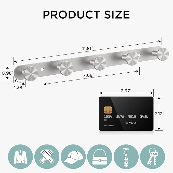 FORIOUS Hat Coat Rack Wall Mount, 5 Wall Hooks for Hanging Brushed Nickel | 304 Stainless Steel Hook Rack for Bags Keys Hats, Coat Racks for Bathroom Bedroom Entryway Kitchen Hotel, Space Saving