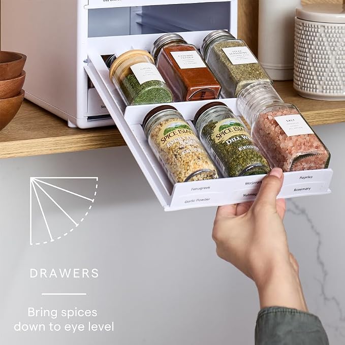 YouCopia SpiceStack,18-Bottle Adjustable Spice Rack Organizer, Pull-Out Seasoning Holder for Kitchen Cabinet and Pantry Storage with 104 Labels and Adjustable Dividers, Speckled White