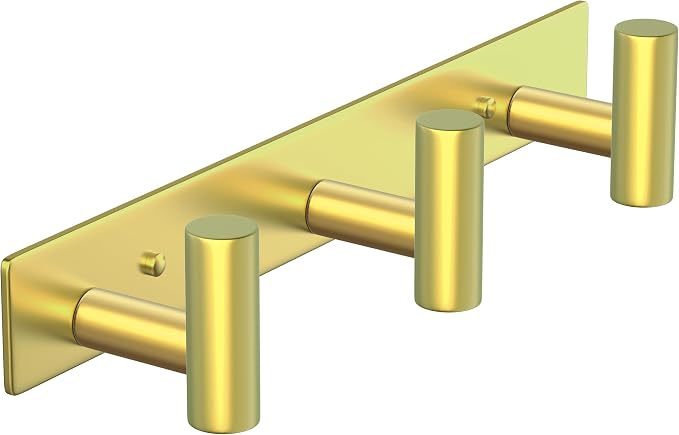 PMMASTO Stainless Steel Coat Rack Wall Mounted, Heavy Duty Metal Hook Rail for Hanging Coats Hats Towels Robes Bags, Modern Wall Hooks Organizer (Gold, 3 "T Hooks, 1PACK)