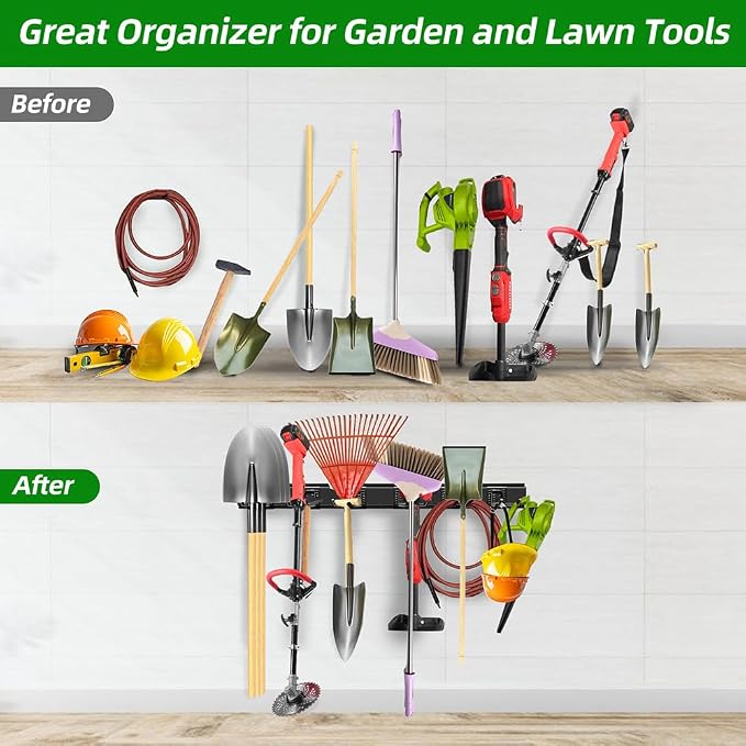PIYILO Garage Organization, Garage Wall Organizer with 48 inches Rails and 6 Hooks, Tool Organizers Heavy Duty, Shovel Holder Wall Mount Max Load 360 LBS, Sturdy Garden Tool Rack for Folding Chairs | Heavy-duty Alloy Steel, 360 LBS Load, Wear & Tear Re...