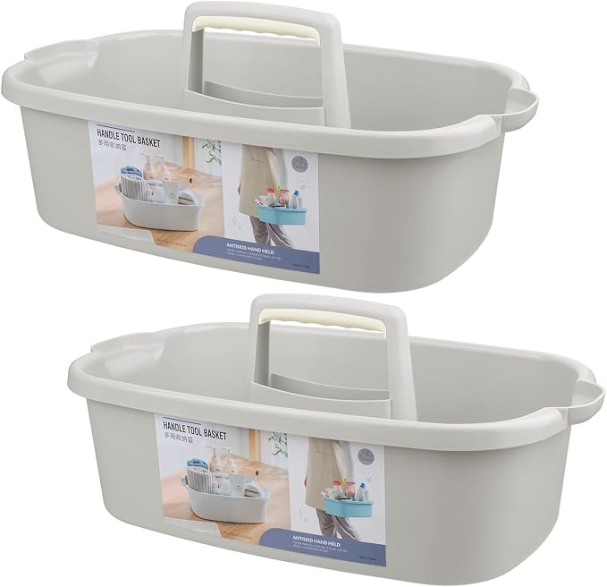 Large Cleaning Supplies Caddy Portable Shower Caddy Basket Light Gray 2Pk | Sturdy Supply Organizer with Handle Plastic Bucket Tool Storage for Bathroom Bedroom Kitchen Garden College Dorm Essentials