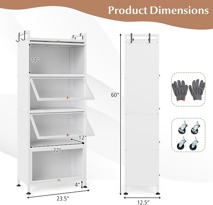 Giantex 5-Tier Kitchen Storage Cabinet, Freestanding Metal Pantry Cabinet w/ 4 Flip-up PC Doors, 4 Hooks & Adjustable Feet, 60” Tall Bakers Rack Microwave Stand for Dining Room, Living Room, White