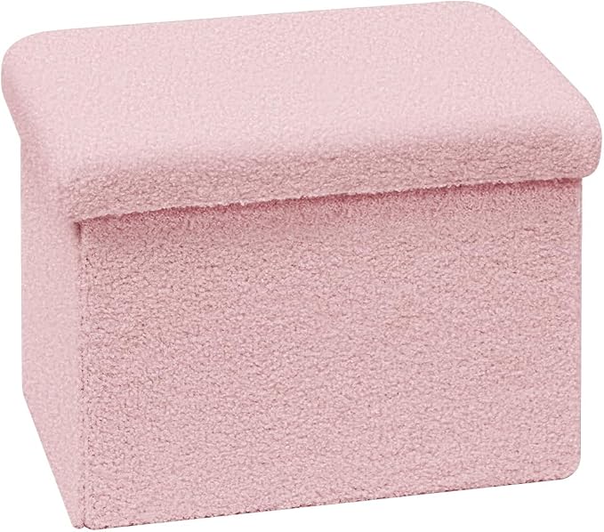 Small Ottoman with Storage, Sherpa Storage Ottoman Cube, Boucle Folding Foot Rest for Dorm, Living Room, Bedroom, Pink, 16.5"x12.6"x12.6"