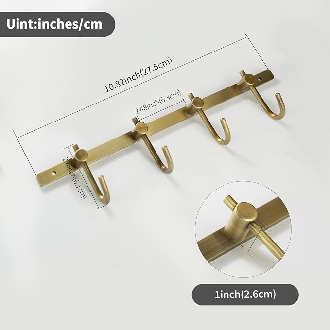 WINCASE Brass Towel Hook Rack, Brushed Brass Wall Hook Rack, Antique Brass Row Hooks with 4 Hooks Rustic Wall Mounted