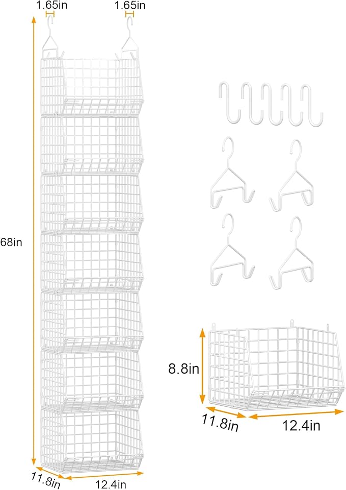 7 Tier Hanging Closet Organizer and Storage, Foldable Wire Closet Shelving with 4 Large Hooks+5 S Hooks,Hanging Basket for Clothes Sweaters Shoes Handbags,Wardrobe Kitchen Laundry Room-White
