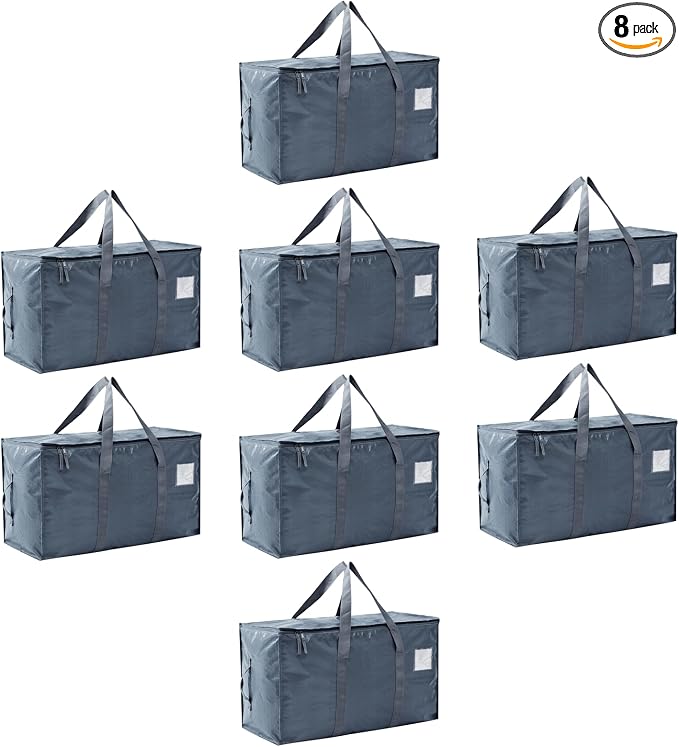 Moving Bags Heavy Duty Extra Large, Moving Boxes, Moving Supplies Essentials,Storage Bins with Lids, Plastic Packing Totes, Storage Bags for Clothes with Handles & Zippers(Grey, 8 Pack)