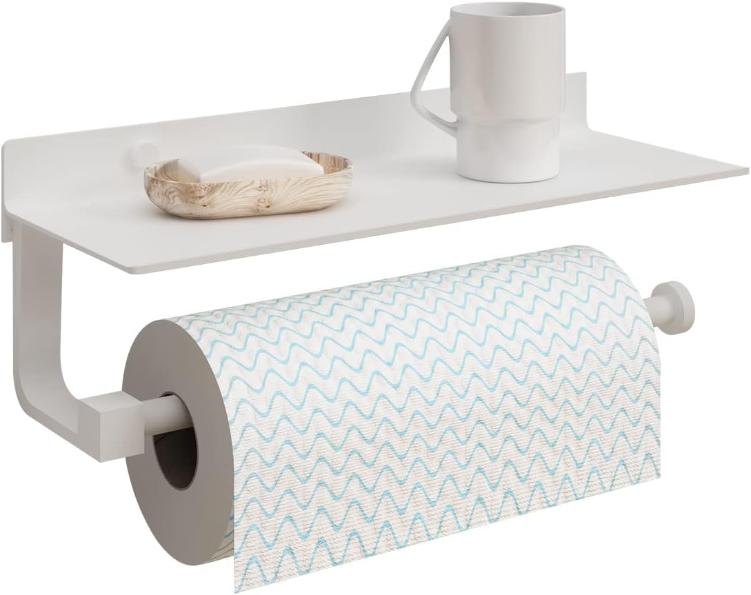 Paper Towel Holder Wall Mount for Bathroom Hand Towel Holder for Bathroom Black Paper Towel Holder with Shelf (White)
