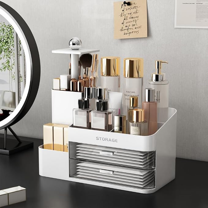 Large Makeup Organizer Countertop with Drawers, Make Up Organizer for Vanity, Makeup Storage Organizer Countertop Makeup Organizers for Skincare (Style2-White)