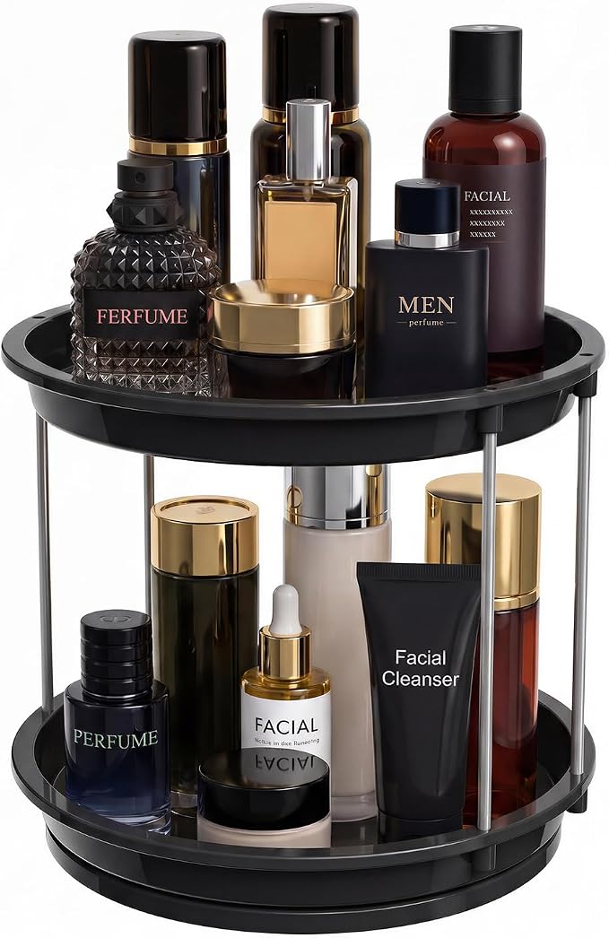 360 Rotating Makeup Organizer for Vanity, 2 Tier Cologne Organizer for Men, Skincare & Perfume Holder for Bathroom Counter, Dresser, Shelf, Cabinet, Black