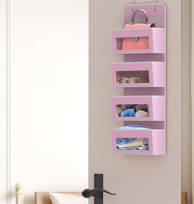 Simple Houseware 4 Clear Window Pocket Over Door Hanging Organizer, Pink | Over the Door Storage for Closet, Bedroom, Bathroom, Pantry