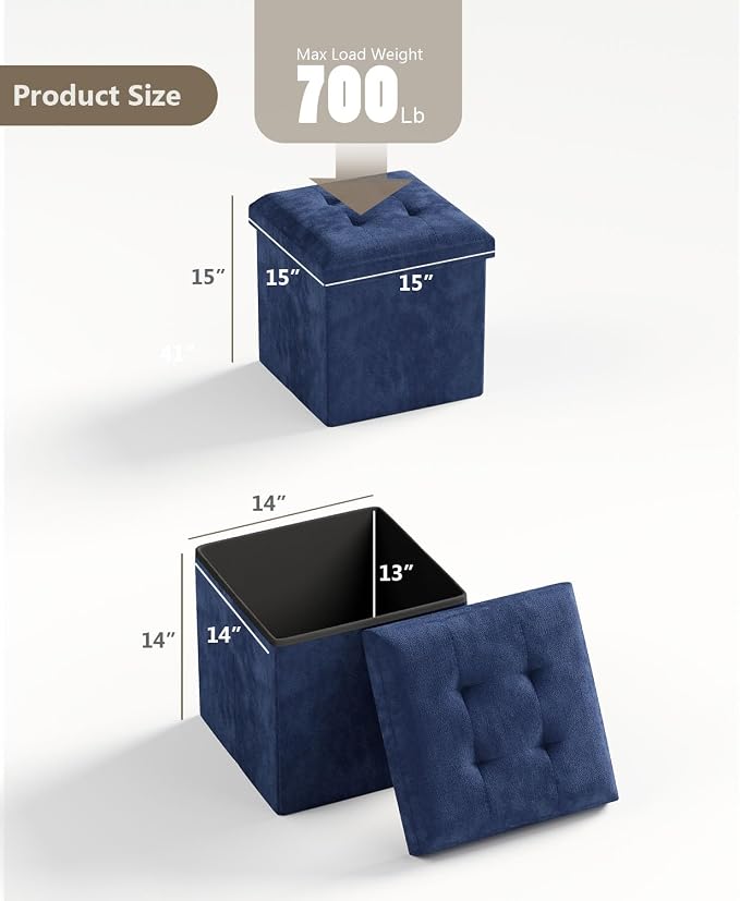 Folding Storage Ottoman Bench, Navy Blue, 15 Inches | Multi-Functional Ottoman Foot Rest, End of Bed Bench, Storage Chest, Living Room, Bedroom, Hallway, Entryway, 300 lb Capacity