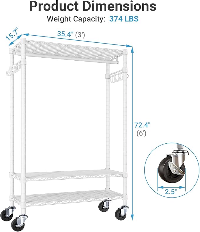 VIPEK R3C Covered Clothing Rack for Hanging Clothes Rolling Closet | Lockable Wheels, Adjustable Wire Shelving Heavy Duty, Metal Side Hooks, Polyester Cover, 374lbs Space-Saving for Home