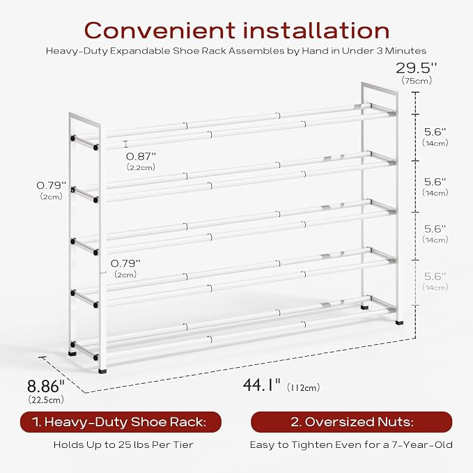 Bumusty 5 Tier Long Expandable Shoe Rack for Closet, White | 18"-44" Adjustable Shoe Rack for Entryway, Shoe Organizer for Dorm, Front Door, Sturdy Metal
