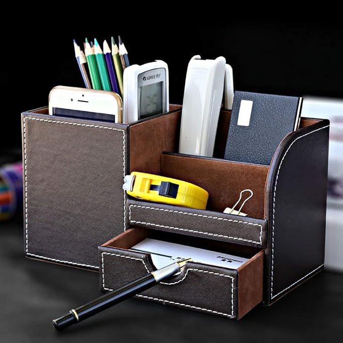 Desk Organizer Office Supplies Caddy Pu Leather Multi-function Storage Box Pen/Pencil,Cell phone, Business Name Cards Remote Control Holder with Small Drawer Brown