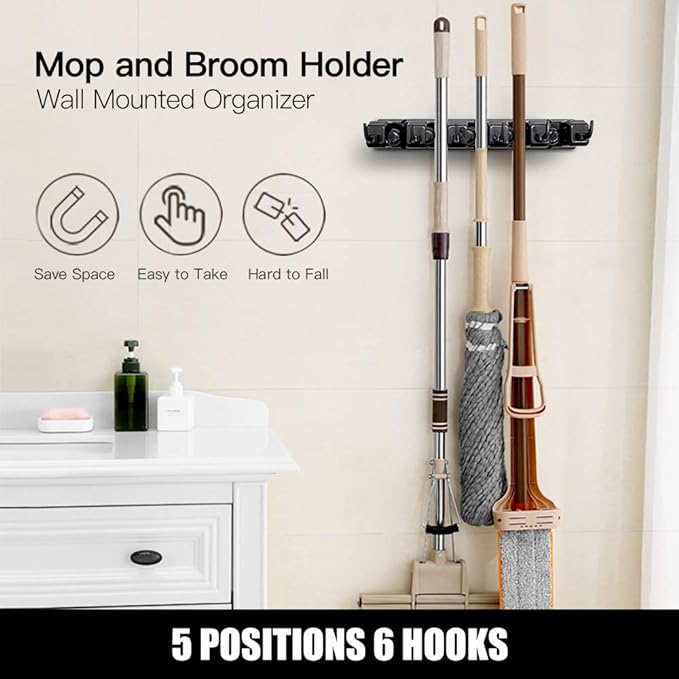 IMILLET Mop and Broom Holder, Wall Mount Organizer Storage Tool Rack | Broom and Mop Organizer Wall Hanging for Garage, Laundry Room, Garden, Utility, 5 Ball Slots and 6 Hooks(Black)