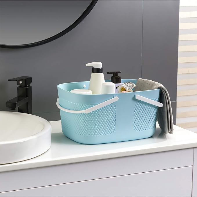 rejomiik Portable Plastic Shower Caddy Basket Organizer with Handles, Blue | Large Capacity Storage Tote for Bathroom, College Dorm Essentials, Bath Toy Storage, Kitchen