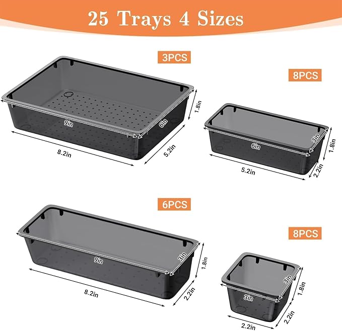 SpaceHacks 25 PCS Plastic Drawer Organizer Set, 4-Size Versatile Organizer Tool Trays & storage Bins for Makeup, Jewelry, and Gadgets in Bathroom, Bedroom and Office,Clear Black