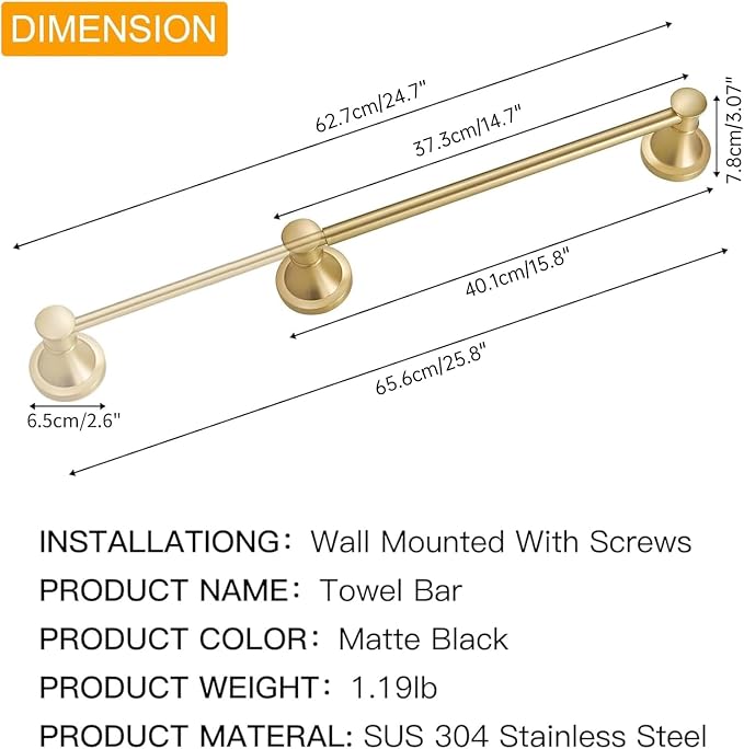 BESy Towel Racks for Bathroom Wall Mounted Bath Towel Bar Brushed Gold | Adjustable 16-26 In, Wall Mounted Towel Holder, Stainless Steel, Rustproof, Towel Bar Rod Hanger Hardware Accessories Hotel