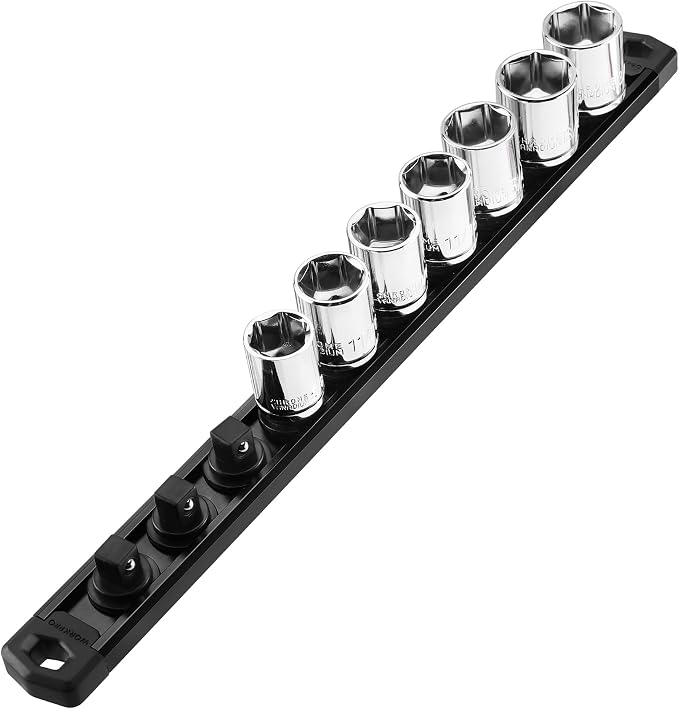 WORKPRO Magnetic Socket Organizer, Heavy Duty 3/8-Inch Drive Socket Rail | 1 Piece Socket Holder with 10 Spots, Aluminum Alloy, Rotatable & Movable Clips, Efficient Organization