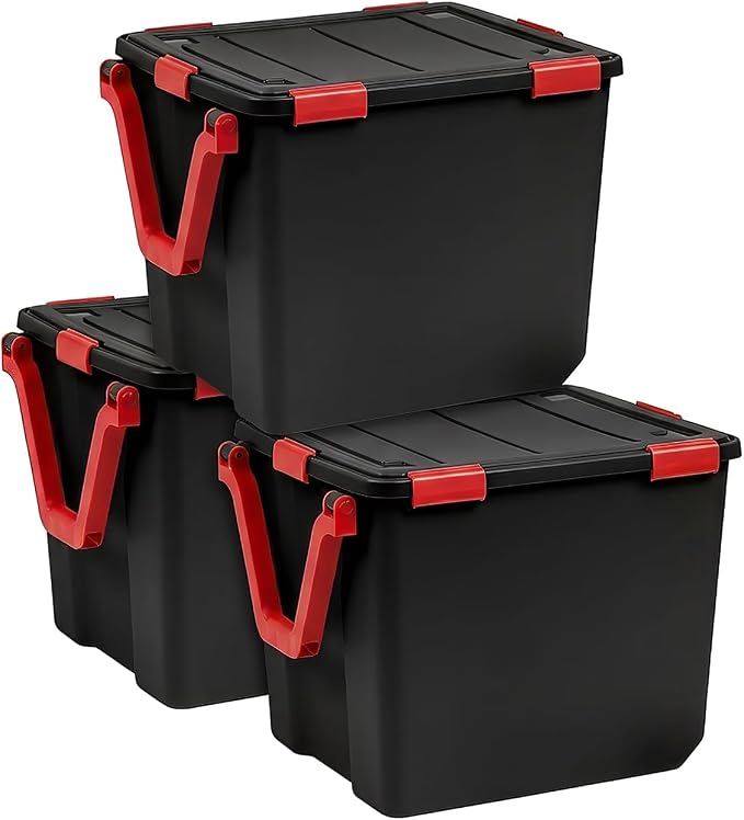 IRIS USA 3-Pack 106 Qt Storage Bins with Gasket Lids, Black/Red | WeatherPro seal helps protect bulky items for moving, garage, attic and basement storage
