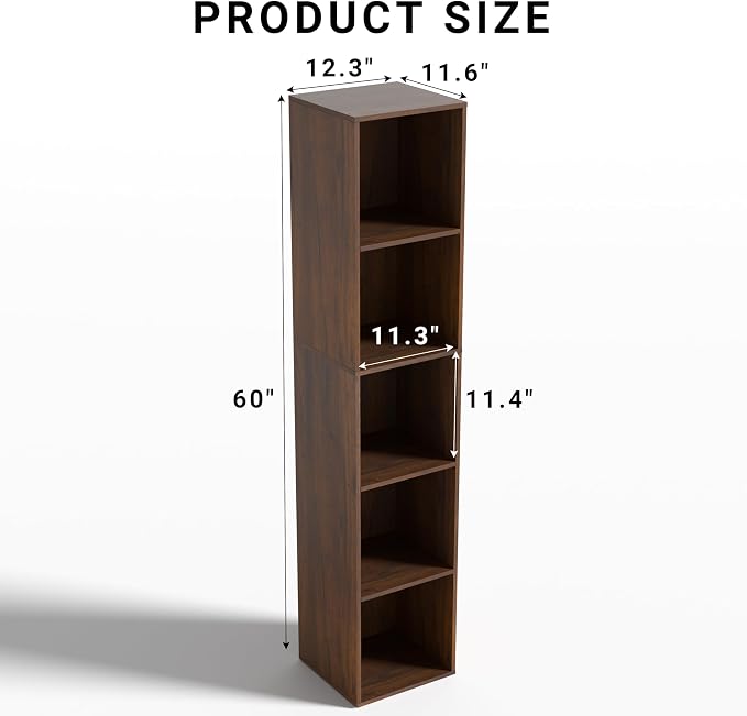 5 Cube Storage Organizer, Narrow Open Shelf Bookcase, Freestanding 5 Tier Low Display Bookshelf for Home Office, Living Room, Bedroom, Dark Brown & Black Walnut