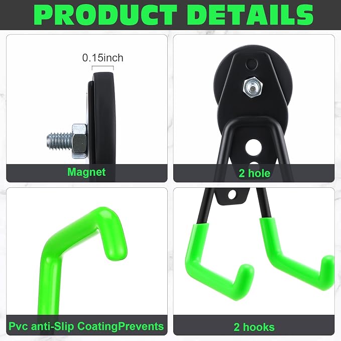 Landhoow 10 Pcs Large Magnetic Hooks Heavy Duty Garage Magnet Hooks Strong Storage Utility Magnetic Hangers with Anti Slip Rubber Coating for Indoor and Outdoor Hanging (Green)