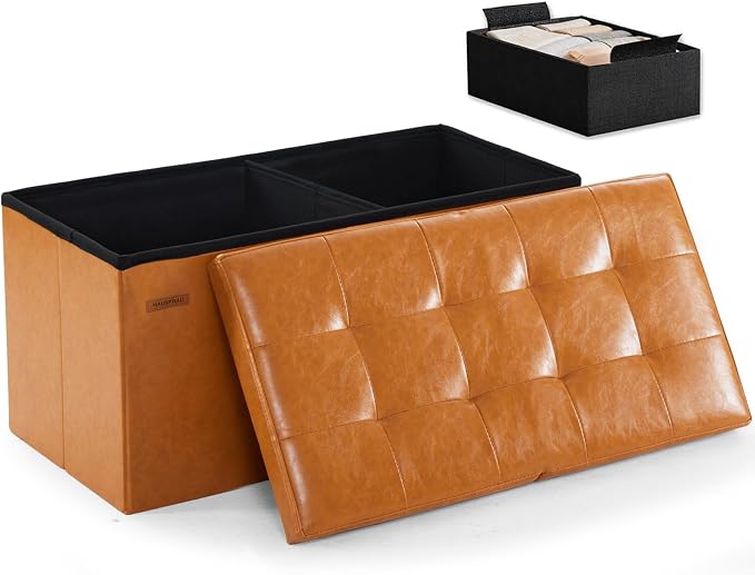 HAUSFRAU Ottoman with Storage Bench Folding Foot Rest Stool Cognac Brown | 31.5", Flip Lid, Small Upholstered Foldable Footrest Footstool, Bedroom Bench, Living Room Dorm Ottoman, Faux Leather