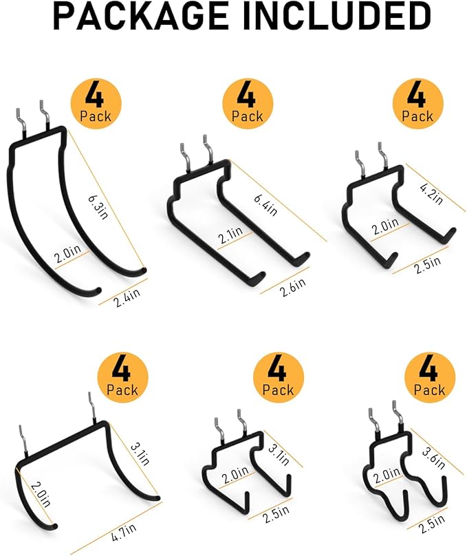 INCLY 24 Pack 1/4" Pegboard Drill Holder Tool Utility Hooks | Heavy Duty Pegboard Hooks, Peg Board Tool Hangers, for Power Tools, Drill, Hammer, Cords, Hoses, Shovels, Garage Storage