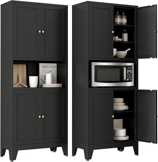 69" Tall Pantry Cabinet with Open Shelf,13.78“Deep By 28" Wide Storage Cabinet with Doors and Adjustable Shelves,Microwave Stand,for Kitchen Dining Room Bathroom,Black,1Pc