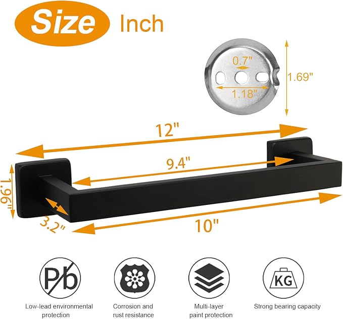 TocTen Bath Towel Rack - Square Base Thicken SUS304 Stainless Steel Towel Bar for Bathroom, Bathroom Accessories Towel Rod Heavy Duty Wall Mounted Towel Holder. (Black, 12)