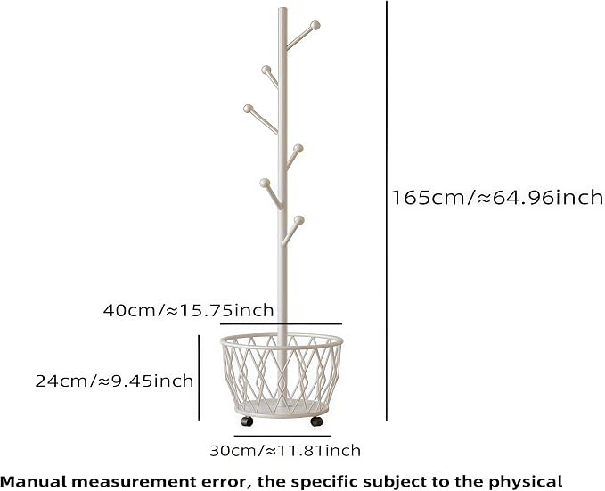 Off-White Moveable Tree Metal Coat Rack with Basket Freestanding 65" | Organizer for Scarf Jacket Hat Bags Ideal for Home Entryway Bedroom Corner Stable