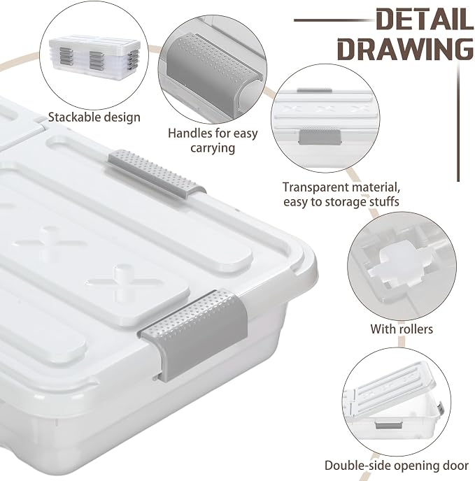 Beeveer 4 Pcs Plastic Under Bed Storage Container with Double Opening Lid Wheel Handle, Transparent Large Capacity Stackable Latching Festival Storage Bin for Closet Bedroom, 31.5x15.8x5.2 In(White)