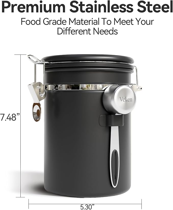Veken Coffee Canister with Window, Airtight Stainless Steel Container, 22OZ | Kitchen Food Storage Organizers for Beans,Ground,Espresso,Rice,Tea,Sugar,Bar Accessories,Gifts,Jars, Scoop,Black