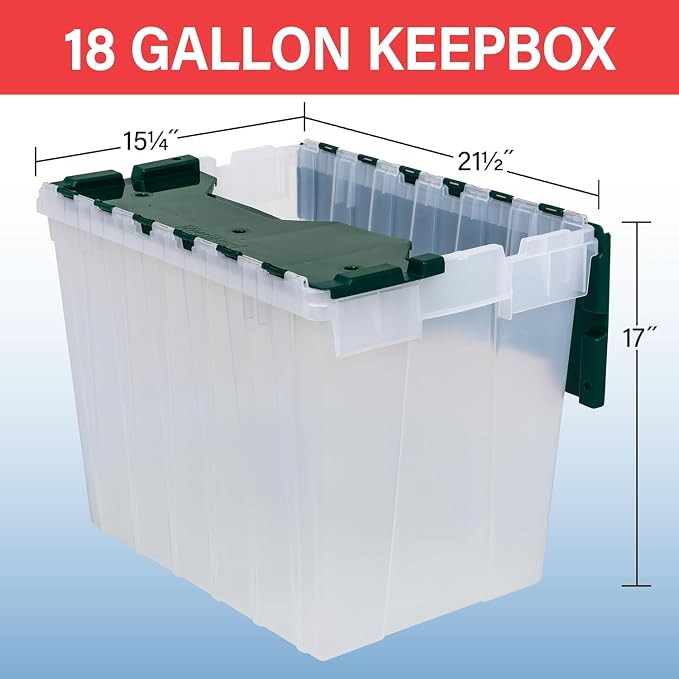Akro-Mils KeepBox 18 Gallon Storage Container, Nesting and Stackable Plastic Storage Box with Lid Attached, Clear Tote for Garages, Closets, and Moving, 21" x 15" x 17", Clear/Green