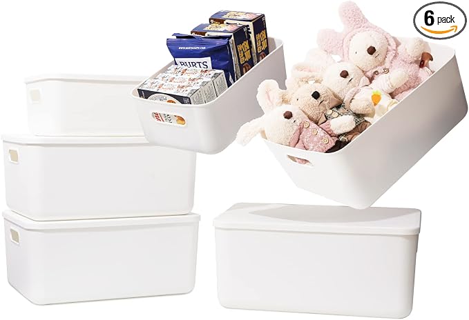 Yishyfier Plastic Storage Baskets Bins Boxes With Lids,Organizing Container White Storage Organizer Bins For Shelves Drawers Desktop Playroom Classroom Office,6-Pack(4M+2S)