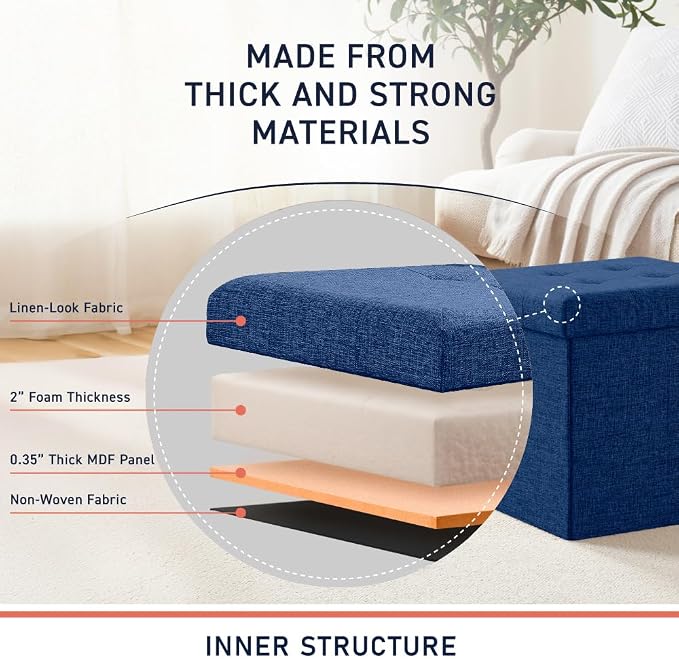 Ornavo Home 15 Inch Folding Storage Ottoman Cube, Tufted Linen, Navy Blue | Upholstered Cube with Lid; Foot Rest Stool; Ideal for Bedroom, Living Room or Entryway