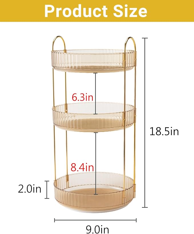 Asayuee 360 Rotating Makeup Organizer for Vanity,3 Tier Large Capacity Vanity Storage,Skincare Perfume Spinning Organizer,Bathroom Cosmetics Storage Makeup Stand Organizer (Gold-3 Tier)
