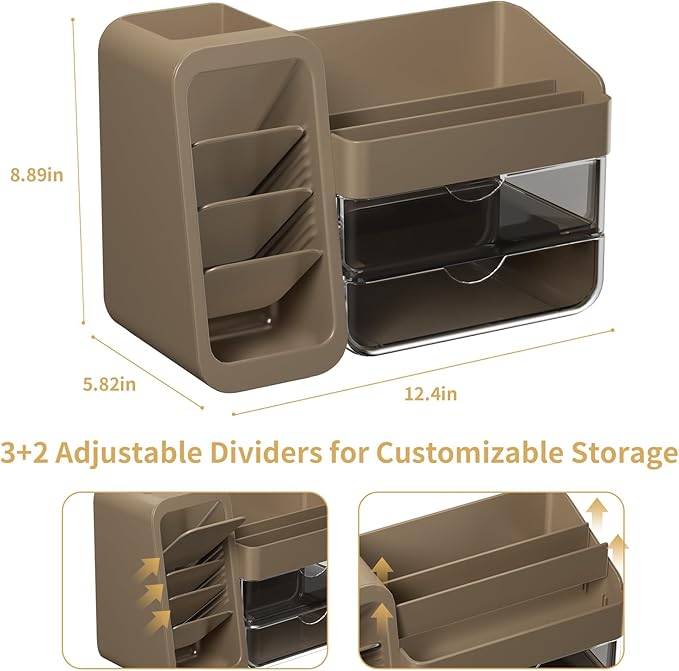 Countertop Makeup Skincare Organizer with Adjustable Brush Holder, Taupe | Extra Thick Plastic, Clear Drawers, Large Bathroom Vanity Counter Organizer, Cosmetic Storage for Perfume, Lipstick, Palettes