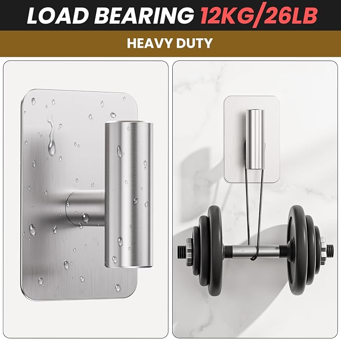 Heavy Duty Adhesive Hooks - 26lb Max, Sticky Wall Hooks Waterproof Stainless Steel for Hanging Towel, Coat, Robe, Towel Hooks Stick on Bathroom, Kitchen, Shower, Door (Silver, 4 Pack)