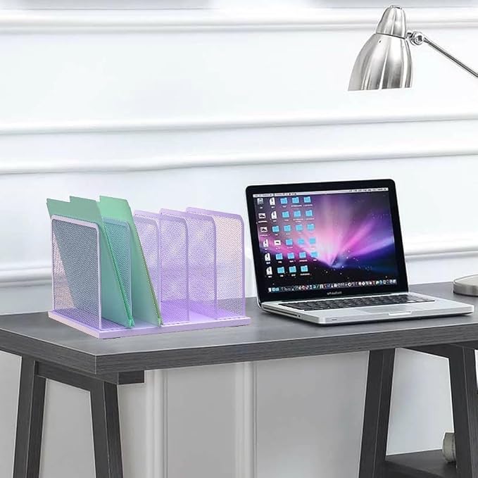 Kuntine.B 5-Section Upright Desk File Organizer Purple 1 Pack | Vertical, Mesh, Metal, Assembly, Stability, Sturdiness, Organization, Standing