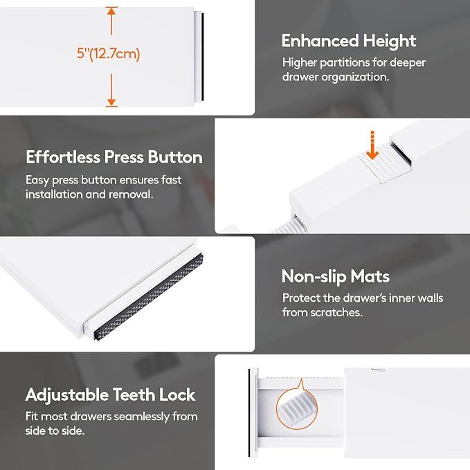 Lifewit 9 Pack 5" High Drawer Dividers 34-56cm/13.5-22" Adjustable Drawer Organizer for Clothes/Utensils, Expandable Drawer Separator in Dresser/Kitchen/Bedroom/Office Organization & Storage White