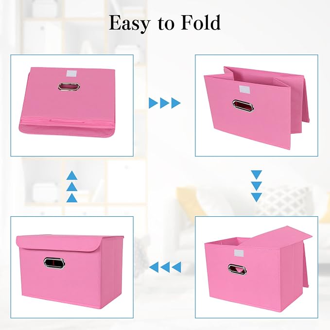STOREONE Fabric Storage Cube Bins Foldable Organizer Container Collapsible Basket with Lids and Metal Handles, for Home, Bedroom, Closet 8 Pcs (Pink)