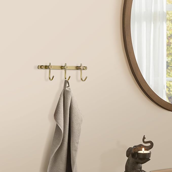 WINCASE Antique Brass Towel Hook Rack, Brushed Wall Hooks with 3 Hooks - Rustic Bath Coat Hook Holders