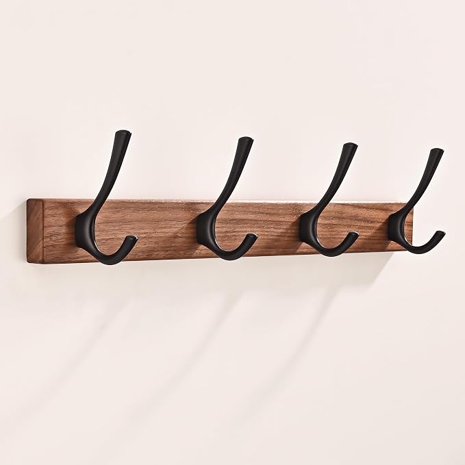 17.3" Small Walnut Wood Coat Rack Wall Mount with 4 Hooks, Heavy Duty Wooden Jacket Hanger Door Mounted for Decorative Entryway and Bathroom Hanging Towel Backpack Purse Clothes Hat Key Black