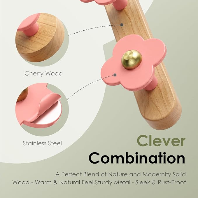 Tindbea Upgreded Heavy Duty Coat Rack Wall Mount for Entryway, Kids' Room | Cheery Wood, Pink, 5 Hooks