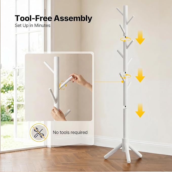 AMADA Solid Wooden Coat Rack Freestanding with 8 Hooks, White | 100% solid wood, 3 height options, widened base for stability, tool-free assembly, smooth rods & hooks prevent clothing snags