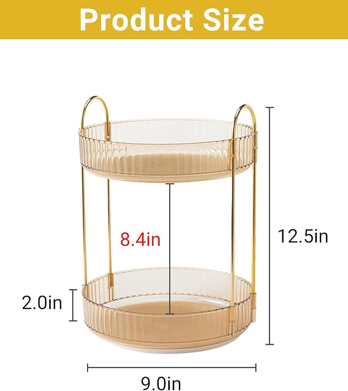 Asayuee 360 Rotating Gold Makeup Organizer,2 Tier Large Capacity Rotating Makeup Organizer,SkincarePerfume Organizer,Bathroom Cosmetics Storage Organizer Countertop (Gold-2 Tier)