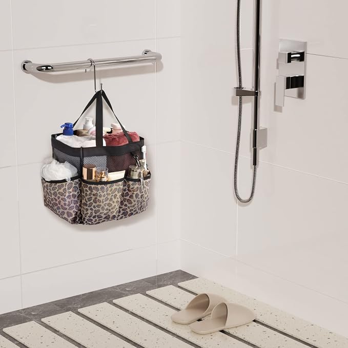 Mesh Shower Caddy Portable - 8 Pockets, S-Hook, Shower Bag for Dorm Camping | 2-Handle, Quick-Dry, Hanging Toiletry Organizer, College Dorm Room Essentials for Girls, Gym, Travel & Bathroom, Leopard