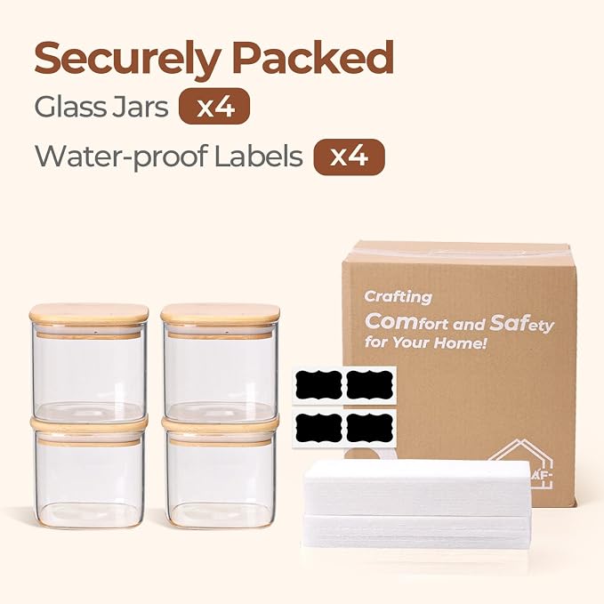 ComSaf Square Glass Containers with Lids 0.7 Qt, Set of 6 Pantry Galss Jars | Glass Storage Containers with Lids, Small Canisters, Spice Jar, Bamboo Lid with Silicone Seal, Size For Subpackage, BPA Free