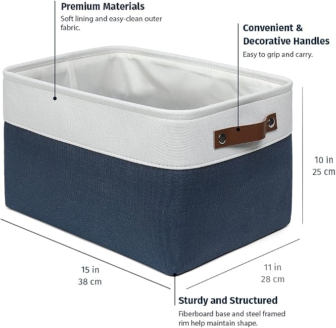 OrganiHaus 15x11in Canvas Storage Baskets 3 Pack - Fabric Bins for Shelves | Vegan leather handles; a decorative closet organizer for clothes, shoes, or toys; bedroom container
